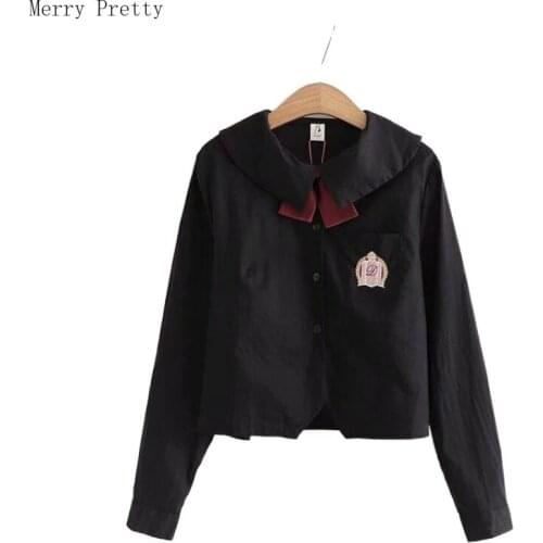 Badge Embroidery Tie Blousea Women 2021 Summer Single Breasted Turndown Collar Pocket Shirts Ladies Korean Fashion Crop Top