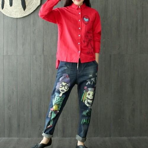 Women Causal Printed Cartoon Pattern Blouse Ladies Bottoming Shirts Irregular hem shirts Single Breasted Blouse