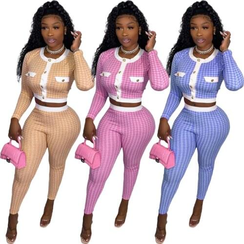 Houndstooth Patchwork Two 2 Piece Set for Women Vintage Fitness Outfits Crop Jacket + Pants Set Streetwear Tracksuit