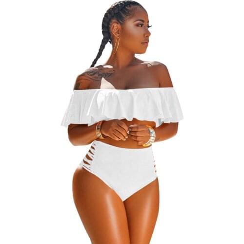 S-XXXL Women Off Shoulder Bikini Swimsuit Ruffle Flounce Top with Hipster Bottom Two Piece Bathing Suit