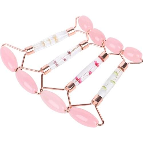 1PCS Rose Quartz Jade Roller Flower Pole Roller Face Lifting Massager Facial Manual Massage Roller