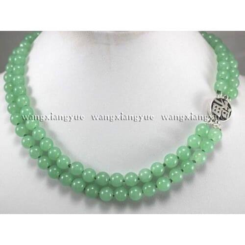 2rows 8mm Green Jade Round Beads Gemstones Jewelry Necklace 925 Silver Clasp G3