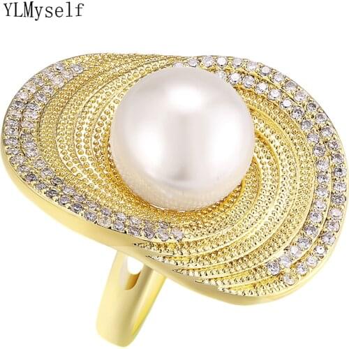 Big Pearl Ring Plated By Gold/Rhodium Color Shiny Zircon Luxury Jewelry Flower Lotus Leaf Fashion Large Rings Best Gift For Mom