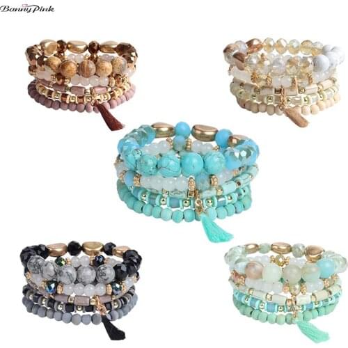 Banny Pink Bohemia Multi Glass Stone Beads Strand Bracelet For Women 5PC/Set Elastic Beaded Statement Bracelets Charms Bracelet