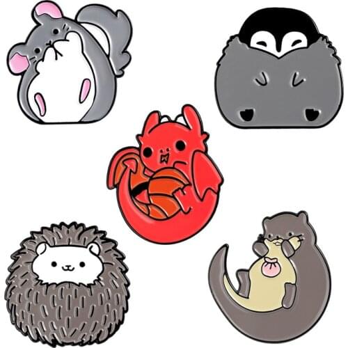 Cute Animal Enamel Pins Chinchilla Hedgehog Otter Penguin Dragon Brooches Women Men Lapel Badges Backpack Collar Fashion Jewelry