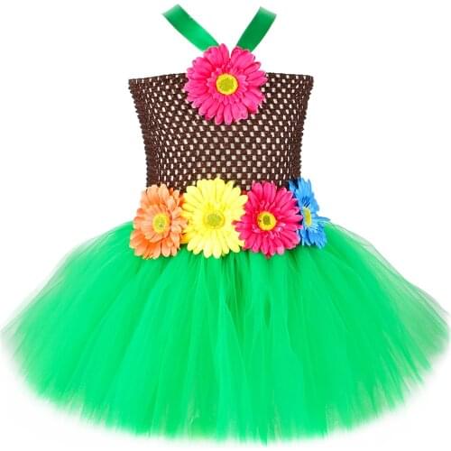 Hawaiian Hula Tutu Dress Children Girls Flowers Princess Tulle Dress Holiday Luau Party Clothes Halloween Costume for Kids 1-12Y