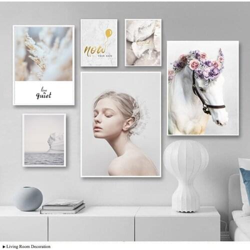 Pink Ballet Dancing Girl Sea View Canvas Painting Poster Flower Horse Art Print Nordic Wall Picture for Living Room Home Decor