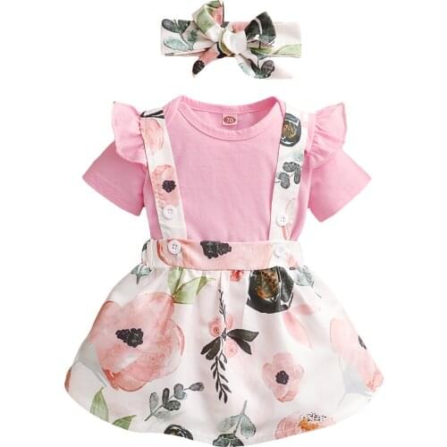 3 Pieces Kids Suit Set Toddler Solid Color O-Neck Short Sleeve Romper+ Flower Print Suspender Skirt+ Headband Suit