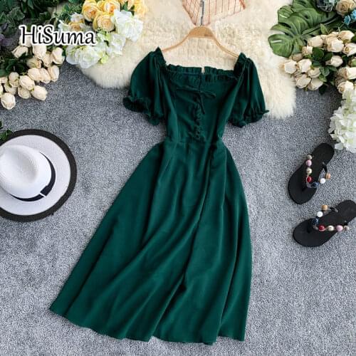 HISUMA summer new female chic slash neck bubble sleeve ruffles lace-up chiffon dress womens elegant puff sleeve A-line dresses