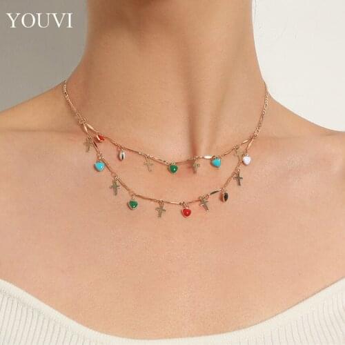 YOUVI Boho Layered Color Glaze Pendant Necklaces for Women Fashion Clavicle Chain Necklace Vintage Choker Jewelry Gift