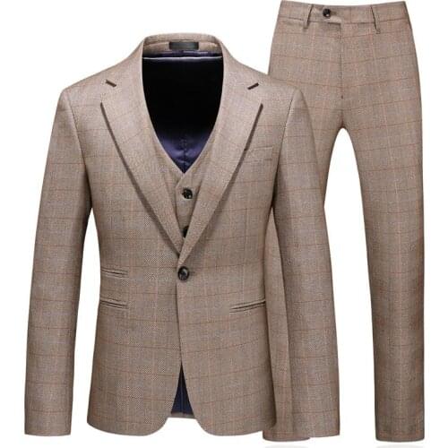 Men Business Suits Fashion Slim Fit Mens Jacket + Pants + Vest High Quality Autumn Winter Men Lattice Suit 3 Piece Se