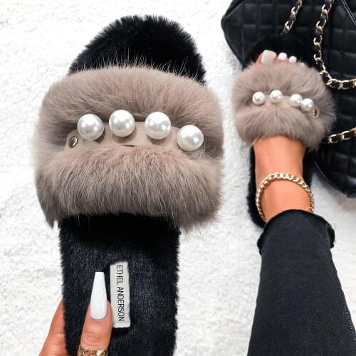 Real Rabbit Fur Slippers Fluffy Flip Flops Cute Pearl Furry Fur Slides Designer Plush Slippers Summer Sandals Women Home Shoes