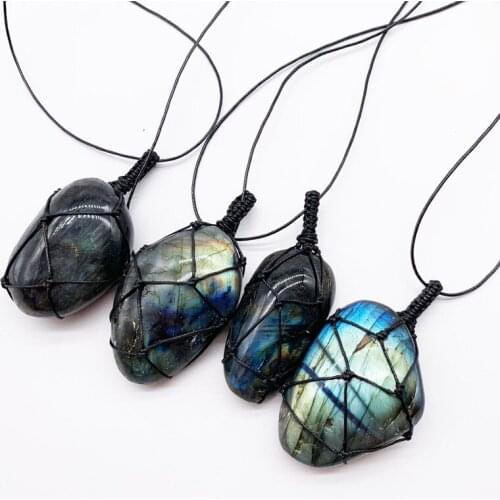 Natural stone crystal moonlight paraffin rope necklace elongated stone hand woven sweater chain