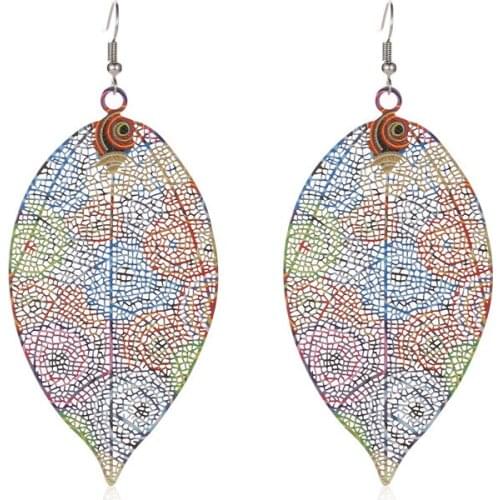 Creative New Colored Hollow Leaves Dangle Earrings Ethnic Style Personality Exaggerated Statement Earrings for Women Jewelry