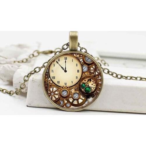 New Products Steampunk Clock Creative Crystal Glass Necklace Alloy Vintage Pendant Jewelry