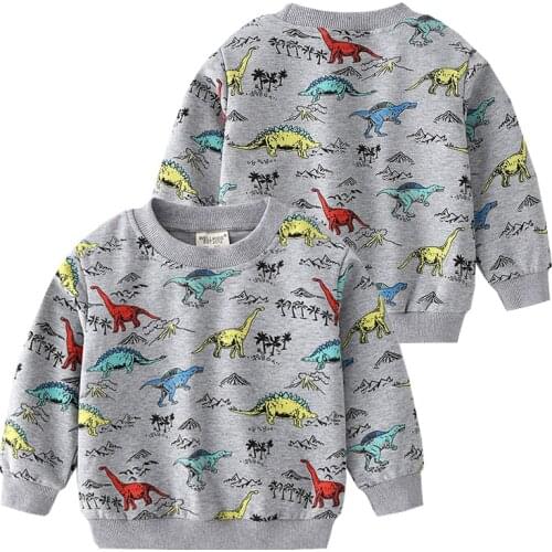 Dinasaur Print Boys Sweatshirts Cotton Gray Toddler Tshirt Long Sleeve Children Tops Tees Kids Fall Clothes