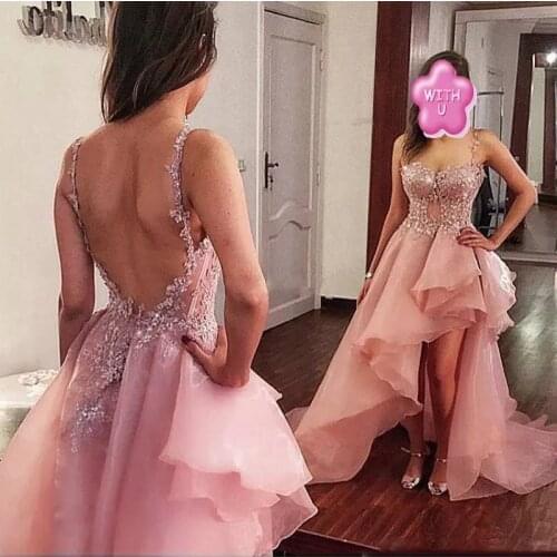 Verngo Blush Pink High Low Prom Dresses Short Front Low Back Lace Applique Spaghetti Straps Backless Sexy Graduation Party Dress