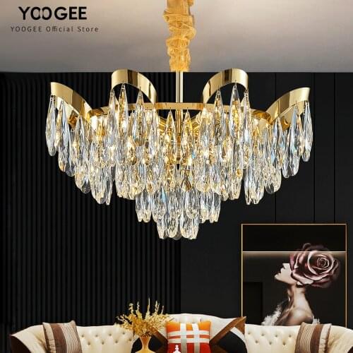 YOOGEE Luxury Crystal Living Room Chandelier Gold Round Indoor Home Decor Hanging Light Modern Design Chain LED Bedroom Lustre