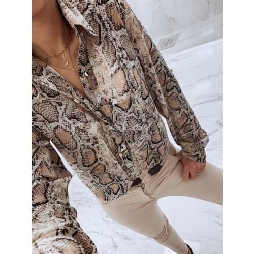 Snake Print Women Fashion Blouse animal pattern patchwork long sleeve split trun-down collar shirts vintage