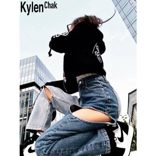 Streetwear Washed Blue Dark And Light Color Matching Stitching Hollow High Waist Straight Jeans 2021 New Womens Casual Trousers