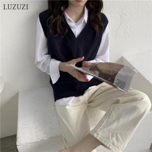 LUZUZI V Neck Knitted Vest Sweater Women Sleeveless Khaki Casual Pullover Black 2021 Autumn Winter Dark Blue Jumper Fashion Top