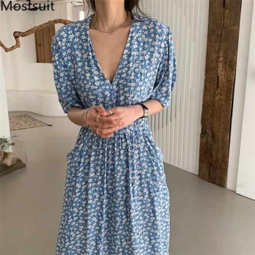 2021 Summer Floral Printed Women Long Dress Summer Short Sleeve V-neck Belted Dresses Korean Vintage Ladies Vestidos Femme