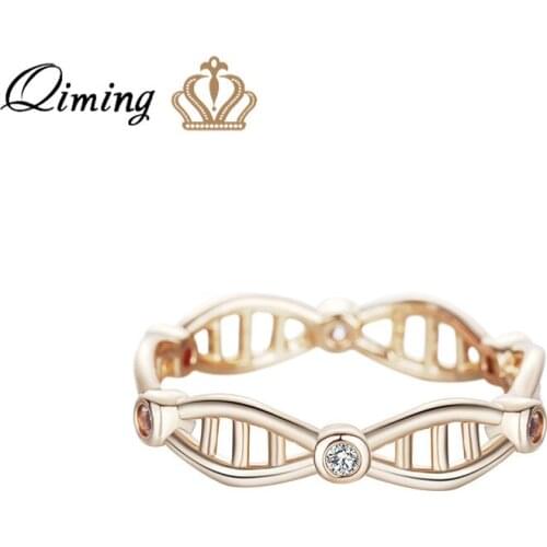 QIMING Molecule Science Ring Women Female Wedding Band Crystal Biology Science DNA Jewelry Gold Metal Vintage Fashion Rings