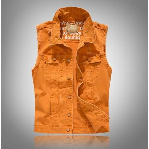 Spring Autumn Mens Vest Vintage Denim Jeans Vest Male Orange Sleeveless Jackets Men Rivet Hole Jeans Waistcoats Big Size M-5XL