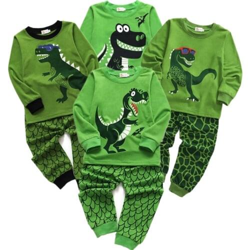 100% Cotton Boy Set Green Dinosaur Cartoon Kids Home Clothing Set Baby Boys Long Sleeve Pajamas Casual Suits Top + Pants