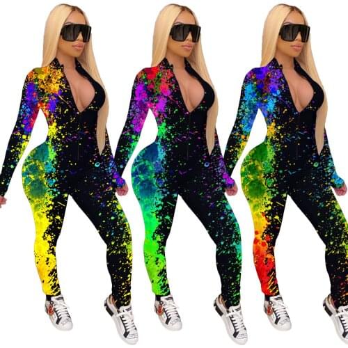 Echoine Fashion Women Splashed Ink Printed Long-Sleeved Jumpsuits Sexy Bodycon Combinaison Femme Sports Casual Onesies Rompers