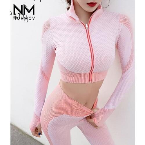 NORMOV Womne T Shirt Gym Full Sleeve High Neckline Women Fitness Tops Casual Sport Zipper Breathable Quick Dry Shirt