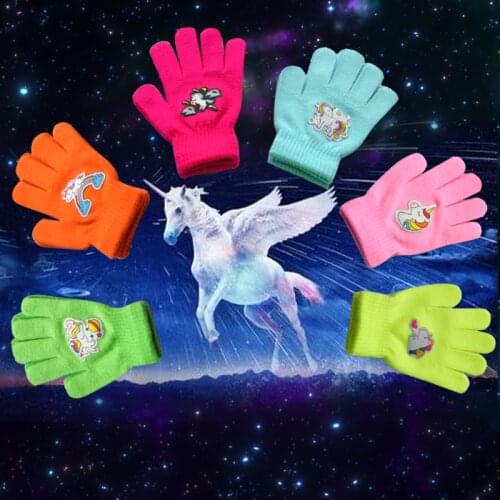 Kindergarten childrens winter warm woolen gloves, elementary school students, unicorn pattern embroidery gloves