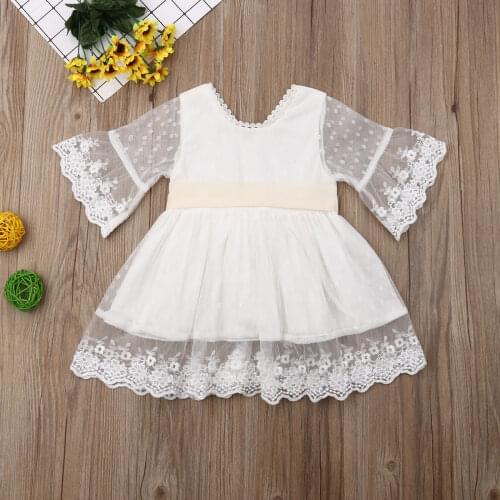 Pudcoco Toddler Baby Girl Dress Solid Color Lace Flower Dress Princess Party Pageant Dress