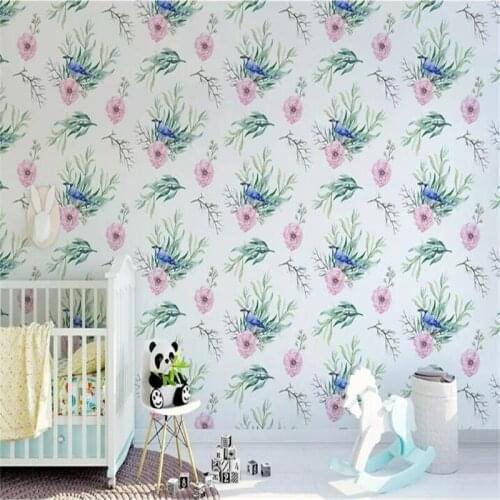 Hand-painted watercolor cartoon sparrow flower high-grade wall cloth manufacturers wholesale wallpaper mural photo wall