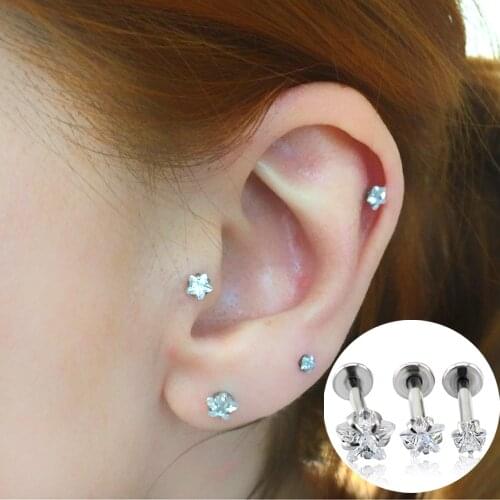 Fashion Jewelry Ear Stud Star Zircon Prong Set Top Internally Threaded Lip Piercing Daith Cartilage Helix Piercing Stud Earrings