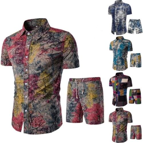 2Pcs/Set Mens Tracksuits Beach Outfits Floral Print Mens Sets Short Sleeve Lapel Shirts Shorts Men Hawaii Outfits ropa hombre