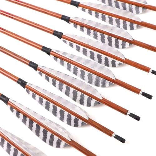 6/12pc 32" Wood Skin Carbon Arrows Spine 400 450 500 550 600 700 With 4" Real Feather ID 6.2m for Longbow Recurve Bow Hunting