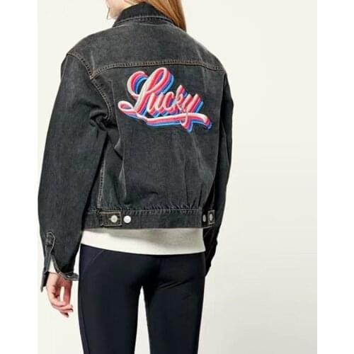 Back Letter Embroidery Turn-Down Collar Single Breasted Long Sleeve Casual Coat Outwear Tops for 2021 Autumn Women Denim Jacket