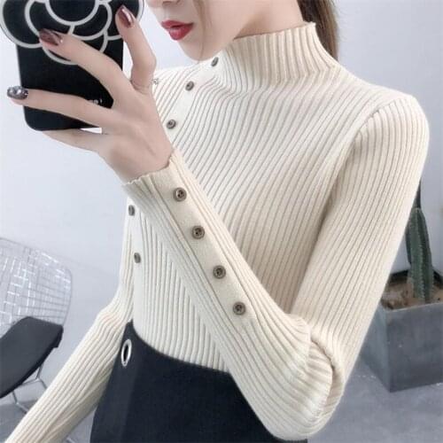 Elastic Color Pullovers Button Full Sleeve Turtleneck 2020 Women Autumn Knitted Slim Sweaters Solid Knitted Female Cotton Soft