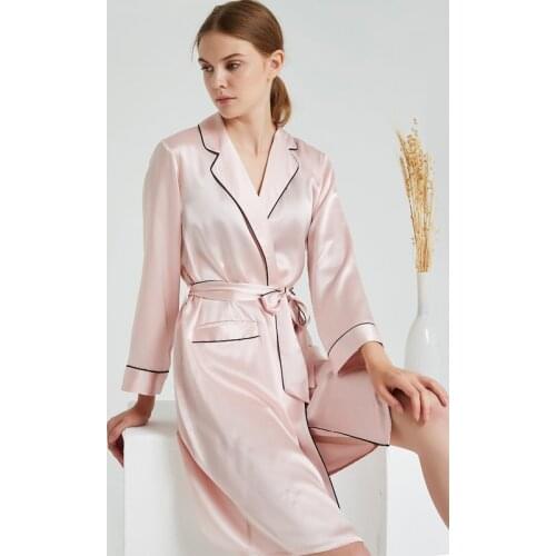 19 Momme Silk Sleepwear Lapel Insert Pocket Nightgown Womens 100% Pure Silk One-Piece Robe Knee-Length Silk Robes for Women