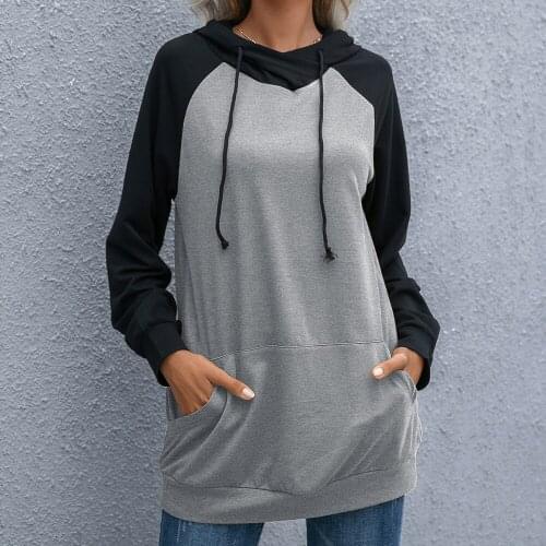 Autumn Winter Women Drawstring Hoodie Vintage Black Long Sleeve Top Fashion Color Block Pullover Loose Streetwear Sweatshirt