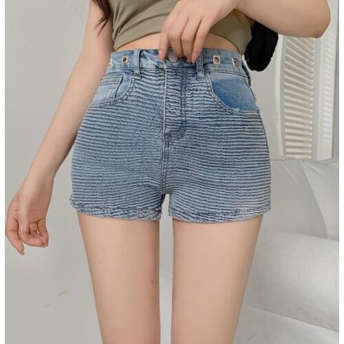 Summer new fashion folds wash water stretch slim straight three-point denim shorts women blue short jeans female
