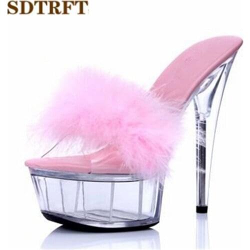 SDTRFT Plus:34-44 Summer paragraph transparent crystal platform sandals 15cm thin high-heeled shoes woman pumps female slippers
