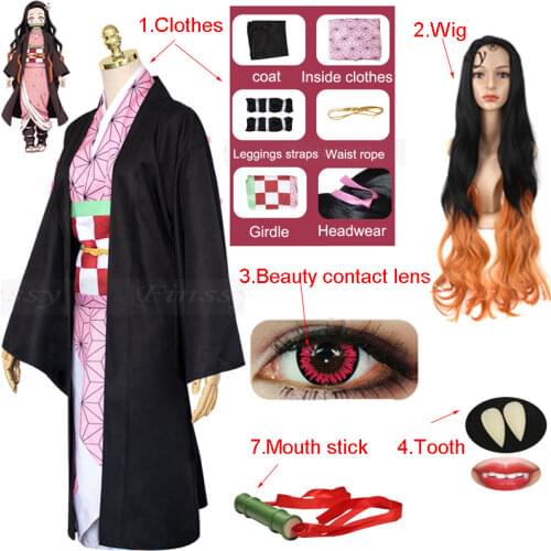 Anime Demon Slayer Kamado Nezuko Full Cosplay Including Shoes Wig Tooth Mouth Stick Kimetsu no Yaiba Adult Woman Cosplay Costume