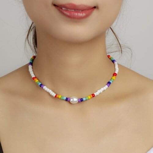 2021 Korean Sweet Imitation Pearl Pendant Beaded Necklace for Women Bohemian Colorful Beaded Short Choker Necklace Party Jewelry