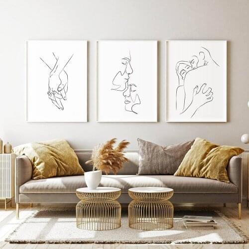 Abstract Couple Kiss Single Line Drawing Print Love Black and White Poster Romantic Gifts Bedroom Wall Art Canvas Painting Decor
