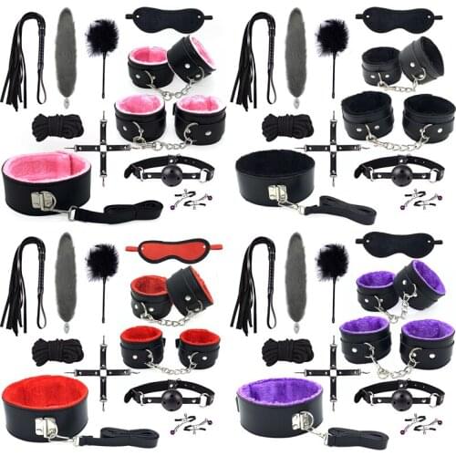 Bondage BDSM Kits Exotic Sex Products for Adults Games PU Leather 11 PCS Handcuffs G Spot Dildo Vibrator Sex Tools Role Play Toy