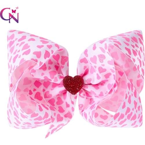 CN 7" Valentine Hair Bows With Clips For Girls Kids Glitter Printed Heart Hair Clips Hairpins Valentine Party Hair Accessories