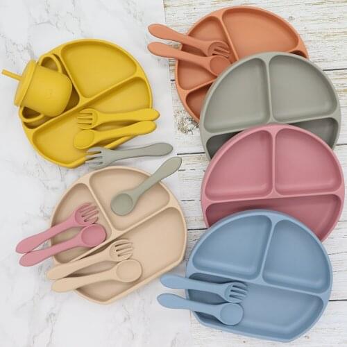 Baby Silicone Fork Spoon Dining Plate With Sucker BPA Free Baby Feeding Tableware Kitchen Children Training Dishes Plates Bowl