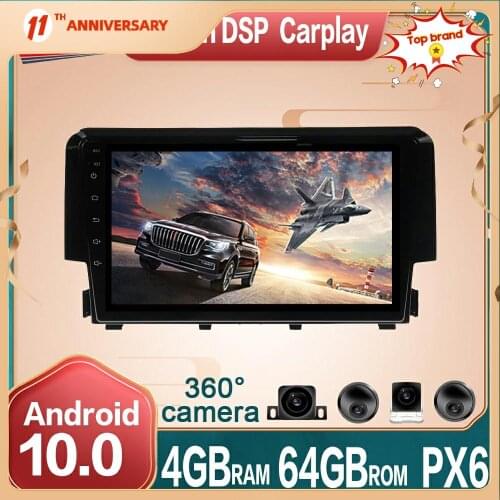 For Honda Civic 2016 - 2018 Android 10 Car Multimedia Radio Player 360 Panoramic Camera PX6 4G+64GB Car GPS Navigation DVD DSP